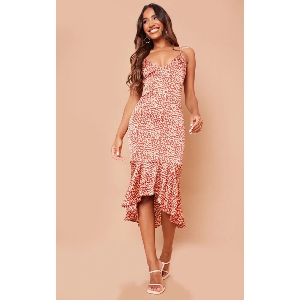 PrettyLittleThing; PLT; Red Leopard Print Frill Hem Midi Dress; Size: US 4 - Picture 2 of 4
